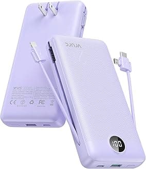 VRURC Portable Charger 20000mAh, Fast Charging Power Bank USB C,4 Output 2 Input Travel Essentials Charging Bank Equipped with LED Display,Built-in Wall Plug and Cables,Phone Charger Battery,Purple