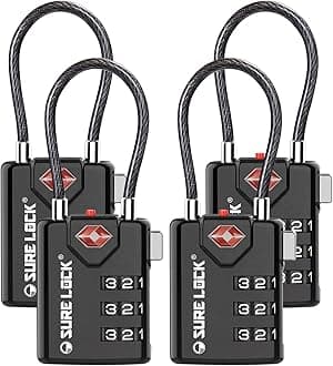 SURE LOCK TSA Approved Combination Luggage Locks with Open Alert Indicator – Durable Zinc Alloy Cable Travel Locks with Large Easy-Read Dials for Suitcases, Backpacks & Gym Bags Black 4 Pack
