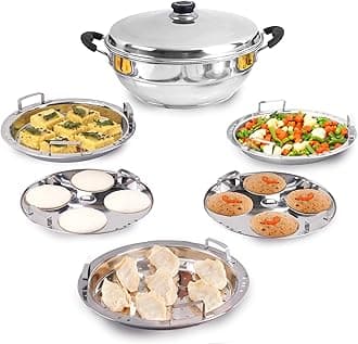 The Indus Valley Stainless Steel Idli Pot/Multi Pot/Steaming Set with Lid | 2 Idly, 2 Dhokla & 1 Steamer Plate | 3 Litre, Gas & Induction Friendly | 3-Layer Sandwich Triply Bottom, 100% Toxin-free