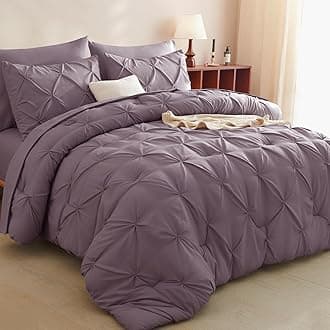 CozyLux King Size Comforter Set Grayish Purple, 7 Pieces Bed in A Bag Purple Comforter King Size, Pinch Pleat Bedding Set with All Season Comforter, Sheets, Pillowcases & Shams