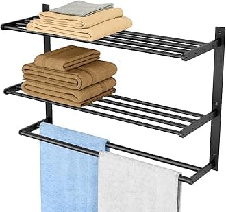 Towel Racks for Bathroom Wall Mounted 24", 3 Tier Bathroom Towel Shelf with Double Towel Bar, Stainless Steel Towel Rack with Towel Shelf, Towel Hanger Holder for Bathroom Towel Storage, Black