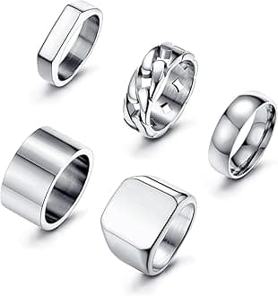 Sanfenly 5 PCS 14K Gold Rings for Men Mens Gold Ring Mens Stainless Steel Rings Square Signet Rings Pinky Thumb Ring Chunky Thick Band Cuban Link Chain Ring Cool Finger Ring Wedding Band Ring for