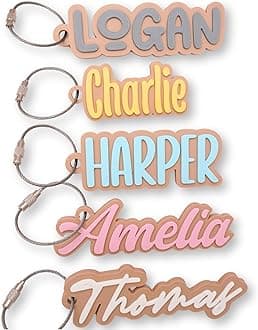 Personalized Backpack Name Tags, Kids Custom Backpack Keychains, Name Tags, Diaper Bag Tags, Lunch Box Keychain (Font #2)