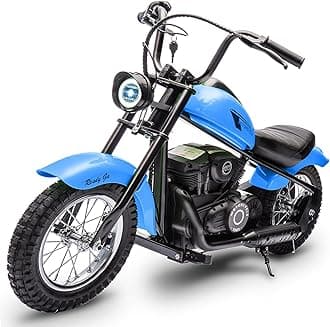 Electric Motorcycle for Kids, 24V 250W Dirt Bike, Two Speed Max Up to 14MPH & 60 Minutes Continuous, with Led Lights, Leather Seat, Rear Brake, Electric Motorbike for Kids/Teens, Blue