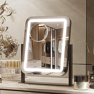 PRIMETEK Vanity Mirror with Lights, 16"x14" Large LED Lighted Makeup Mirror, Hollywood Makeup Mirror, Touch Screen, 3-Color Lighting, 5X Magnification, for Vanity Desk Tabletop, Bedroom, Black