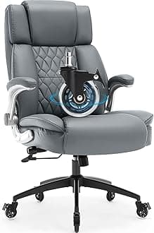 High Back Office Chair with Locking Wheels, Large Executive Desk Chair, Flip Arms Adjustable Lumbar Support, Ergonomic Synthetic Leather Computer Chair Prevents Cats Scratching, Thick Padded,Grey