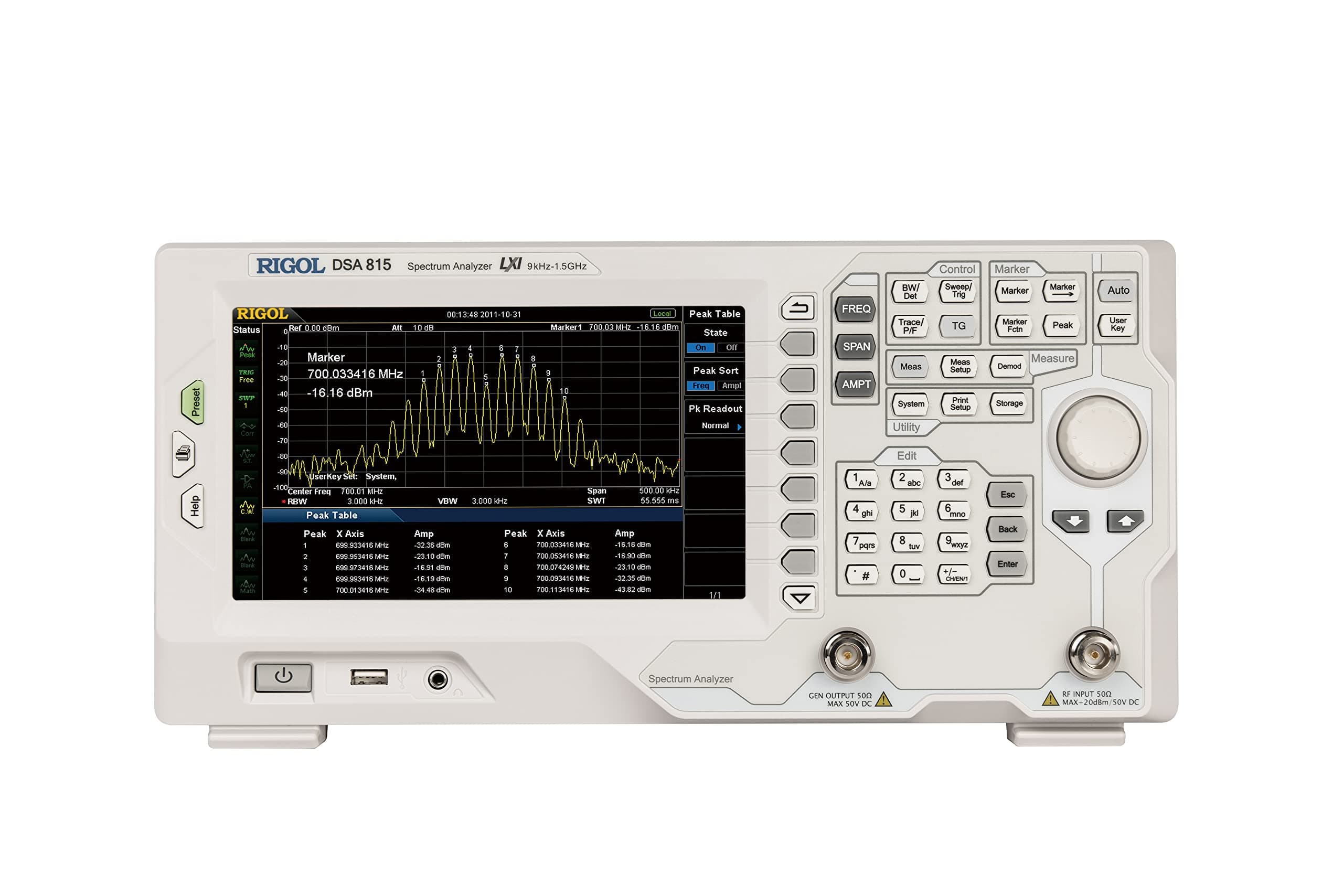 RIGOL DSA815-TG Spectrum Analyzer, Sweep Type, 9kHz~1.5GHz, Resolution Bandwidth 10Hz~1MHz, Display Average Noise Level -155dBm, with Tracking Source, EMI Option Included