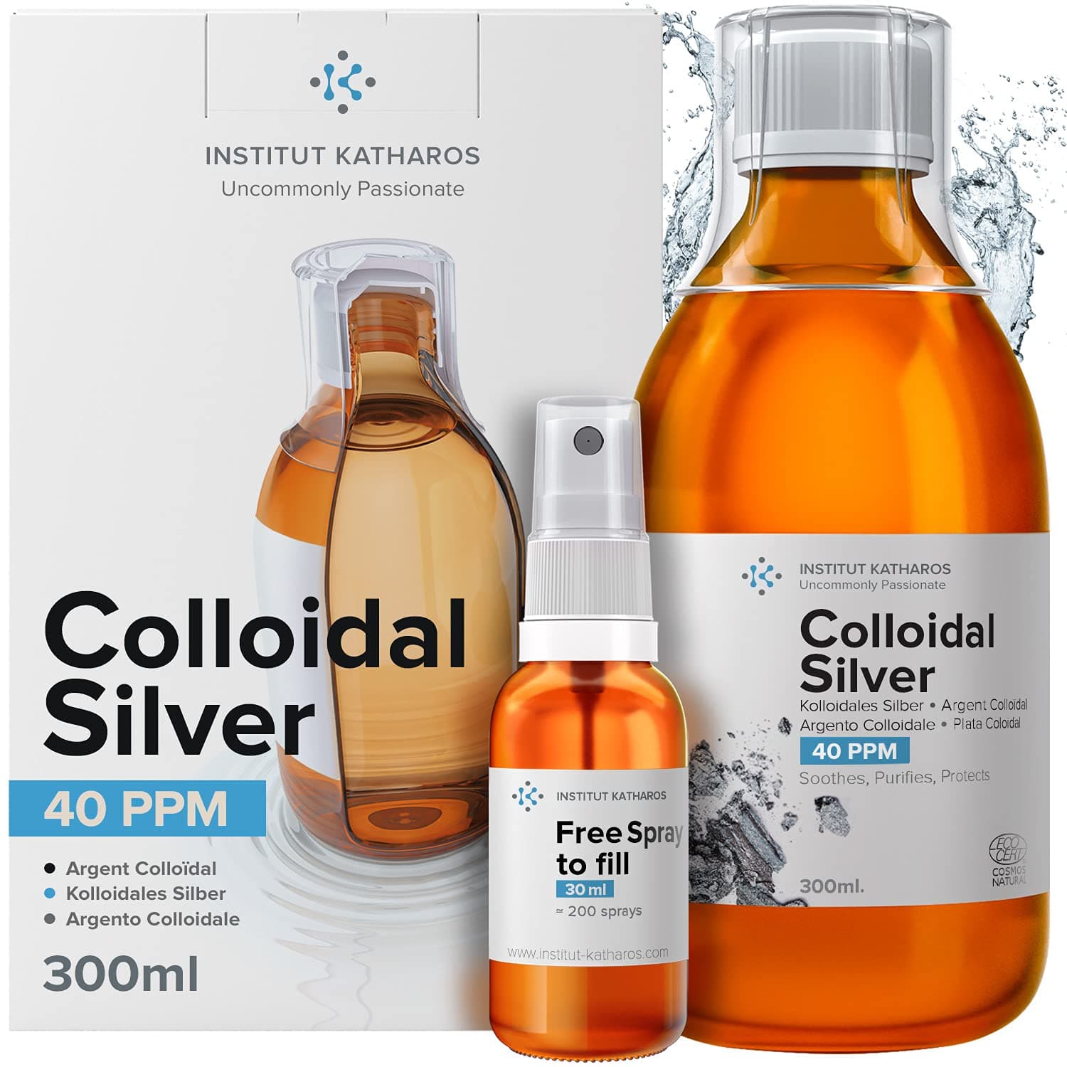 Highest Purity Colloidal Silver 300mL ● 40 PPM ● Free Spray to Fill ● Superior Concentration, Smaller Particles, Better Results ● Certified by 3 Independent Laboratories ● Institut Katharos