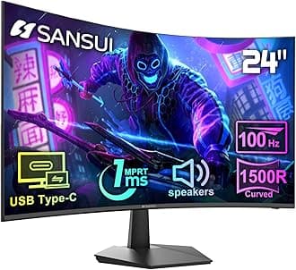 SANSUI Curved Monitor 24 inch 100Hz USB Type-C Computer Monitor with Built-in Speakers- MPRT 1ms,Adaptive Sync,HDR,1500R,VESA 75x75mm Compatible, for Home and Office(ES-24C1)