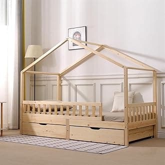 3FT Solid Wood Kids Bed Single Bed Frame with 2 Storage Drawers Tree House bed Natural