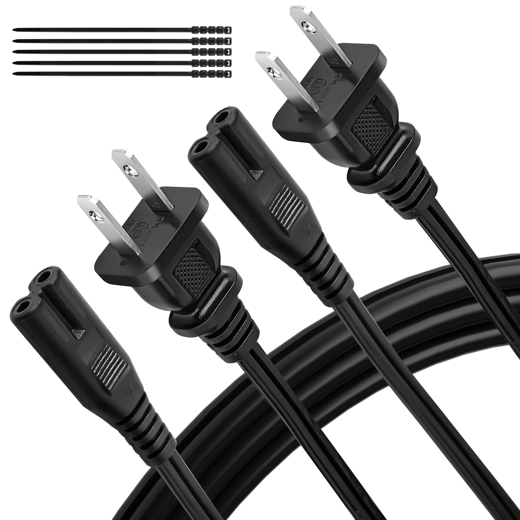 2 Prong Power Cord 4 FT (2-Pack), Non-Polarized AC Power Replacement Supply Cable, 7A, 125V, ETL Compatible with PS5/PS4 Samsung LG TCL Sony Roku TV, Xbox, Laptop, Printer, C7 to 1-15P, with 25 Ties