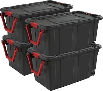 Sterilite 4-Pack Industrial Tote, Heavy-Duty Storage Bins w/Lids and Wheels, 40 Gallon - Stackable Organizing Containers for Home, Garage, Office, and Basement