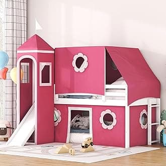 Merax Twin Over Twin Bunk Bed Frame with Slide Pink Tent and Tower,Castle Shape Wood Bunk for Boys and Girls,Pink