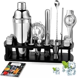 Necomi Cocktail Shaker Set with Stand,23-Piece Bar Tool Set with Cocktail Recipes Booklet,Stainless Steel Bartender Kit Drink Mixer,Professional Bar Tools for Drink Mixing,Home,Party,Gift Idea(Silver)