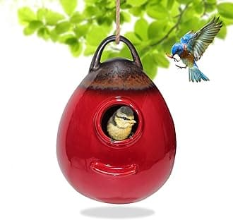 Kimdio Birdhouse Ceramic Hanging Birdhouses Bird Hut Hanging Outdoor Birdhouse for Wild Birds, Finch, Cardinal, and Bluebird - Red