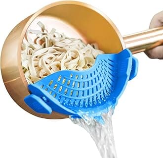 Auoon Strainer with 2 Clip for Veggies Pasta Ground Meat and More for Pots Pans Heat Resistant Silicone, Blue