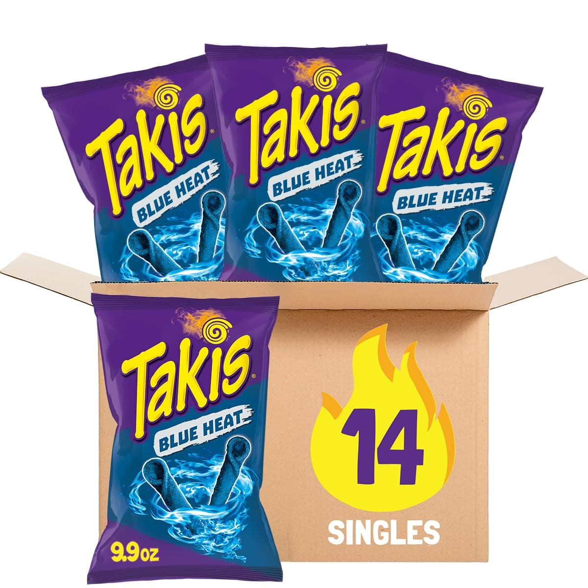 Blue Heat Rolled Tortilla Chips, Hot Chili Pepper Flavored, Multipack Box with 14 Bags of 9.9 Ounces