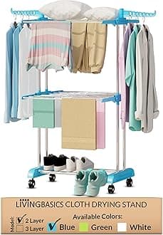LIVINGBASICS 2 Layer Finest Clothes Stand for Drying/Cloth Drying Stand/Cloth Stand for Drying Clothes Foldable/Cloth Drying Stand for Balcony/Stainless Steel Hanging Dress Dryer Rack (Cyan Blue)