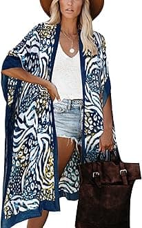 Moss RoseWomen's Beach Cover up Swimsuit Kimono Cardigan with Bohemian Floral Print