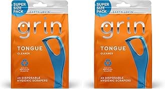 GRIN Tongue Cleaner, 48 Count, Disposable Tongue Cleaner, Hygienic Scraper, Recycled Plastic, Clean Tongue, Promote Fresh Breath, Includes Safe Fold- Back Tooth Pick (Pack of 2)