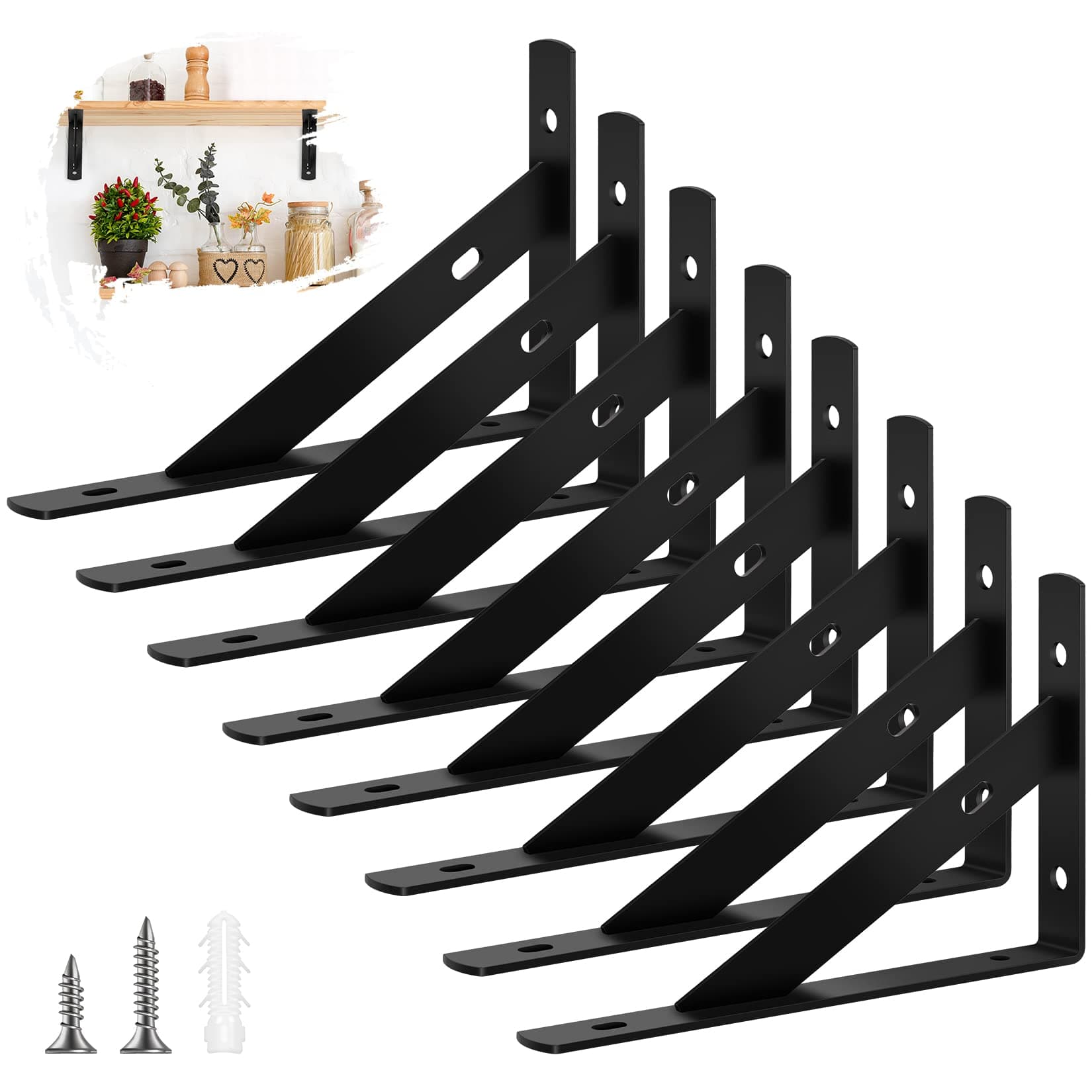 Shelf Bracket, SerDa-Run Shelf Brackets, Floating Shelf Bracket, L Brackets Metal Wall Mounted Brackets for Shelving,Stainless Steel Shelf Support Angle Brackets for Shelves Black (6 Inch) (8PCS)