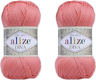 Alize Diva Yarn Hand Knitting Yarn 100% Microfiber Acrylic Yarn Alize Diva Silk Effect Thread Crochet Art Lace Craft Lot of 2 skeins 200gr 767 yds (619-Coral)