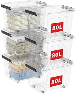 Cetomo 80L*6 Plastic Storage Boxes with Wheels, Lidded Storage Box with Secure Side Latches, PP Nestable and Stackable Clear Organizer for Home, Office, Moving, Transparent, 80L-6 Pack