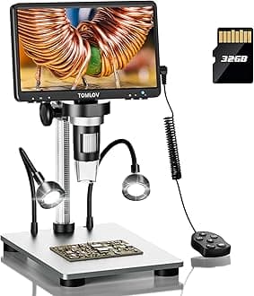 TOMLOV DM9 7" LCD Digital Microscope 1300X, 12MP Coin Magnification, 1080P HD Video Soldering USB Scope for Adult, with LED Light, Adjustable Metal Stand, PC/Windows/Mac Compatible, 32GB Card