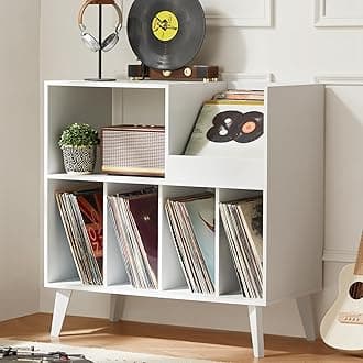 LELELINKY Large Vinyl Record Stand with 4 Shelves, Retro Style Turntable Stand for Up to 300 Albums, Record Player Stand with Shelf and Open Display