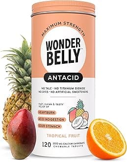 Wonderbelly Antacid, Effective Heartburn and Instant Acid Indigestion Relief, Extra Strength Chewable Tablets, 1000 mg Calcium Carbonate, No Talc or Dye, Tropical Fruit, 120 Count