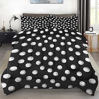 Comforter Set Queen Size, Polka Dots Retro Soft 3 Pcs Bedding for Kids and Adults, Geometric Black Comforter Set with 2 Pillowcases, for Bedroom Bed Decor