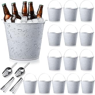 Zopeal 24 Pcs Galvanized Beer Buckets Set, 16 Metal Pails with 4 Scoops & 4 Tongs, 7 Inch Rustic Ice Bucket for Parties, Wedding Centerpieces, Planters, Candy Buffet & Event Decor (Vintage White)