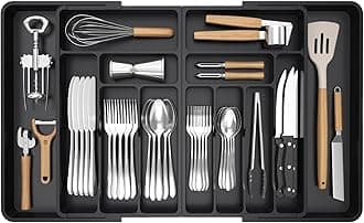 Lifewit Large Silverware Drawer Organizer, Expandable to 36 Inches Wide, BPA Free Plastic Utensil Tray for Kitchen, Adjustable Flatware and Cutlery Holder for Spoons Forks Knives, Black