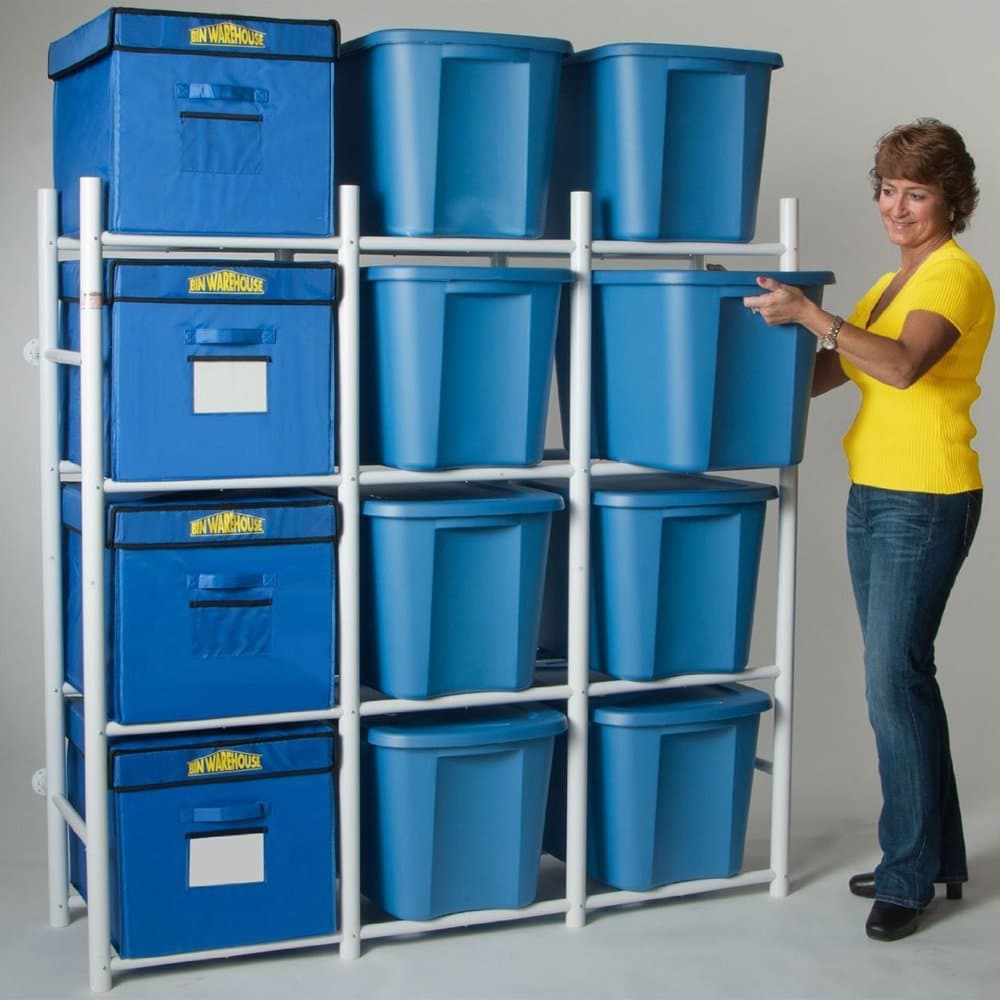 12 Compact Shelving system for storing plastic bins, totes and tubs.