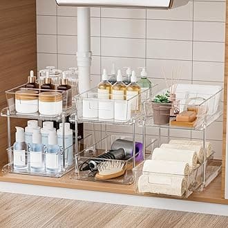 Pull-out Home Organizer, 3 Pack 2 Tier Clear Bathroom Organizer with Dividers, Multipurpose Vanity Counter Tray, Kitchen, Closet Organizers, Cabinet & Storage Container Bins