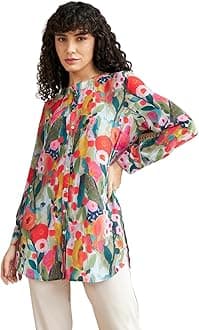 Rayon Vibrant Floral Printed Long Cuff Sleeves Button Closure Mandarin Collar Fancy Shirt Style Tops for Women Suitable for Office Party for Girls