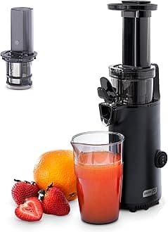 Deluxe Compact Masticating Slow Juicer, Easy to Clean Cold Press Juicer with Brush, Pulp Measuring Cup, Frozen Attachment and Juice Recipe Guide - Black