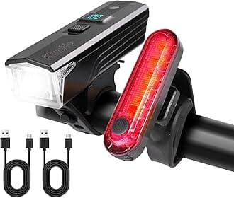 KunHe300 Lumens 1600 Amh Bike Light Set Rechargeable Front & Rear Bicycle Lights with Auto Dimming IPX4 Waterproof 5 Modes for Night Cycling