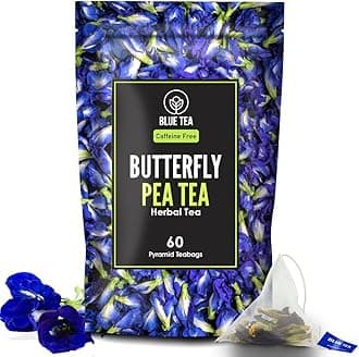 BLUE TEA - Blue Pea Flower Tea Bags - 60 Tea bags || FARM FRESH Herbal Tea || Iced Tea, Cocktails, Mocktails | Gluten Free - Caffeine free- Vegan - Premium Zipper |