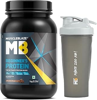 MuscleBlaze Beginner's Protein (Jar Pack), Whey Supplement (Chocolate, 1 kg / 2.2 lb) No Added Sugar, Faster Muscle Recovery & Improved Strength with 650 ml Shaker (Combo Pack)