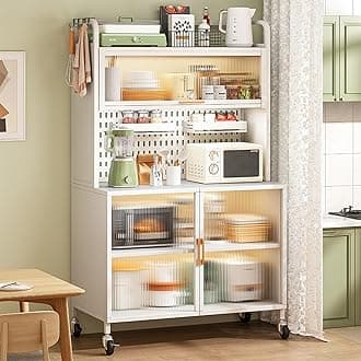 Kitchen Baker's Rack 5 Tier Microwave Stand with Flip Door Cabinet and Pegboard Accessories Large Metal Storage Shelves for Garage Pantry Home Kitchen Spices Pots and Pans Organizer (Bianco