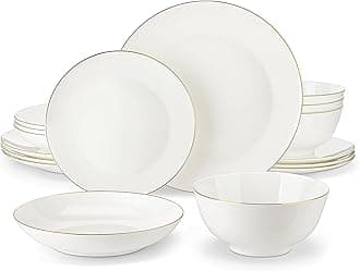 Dinner Sets for 4, 16 Piece Fine Bone China Plates and Bowls Sets Round White and Gold Rim Dinnerware Sets with Dinner Plates/Bowls/Dessert Plate/Soup Plate, Series NORI