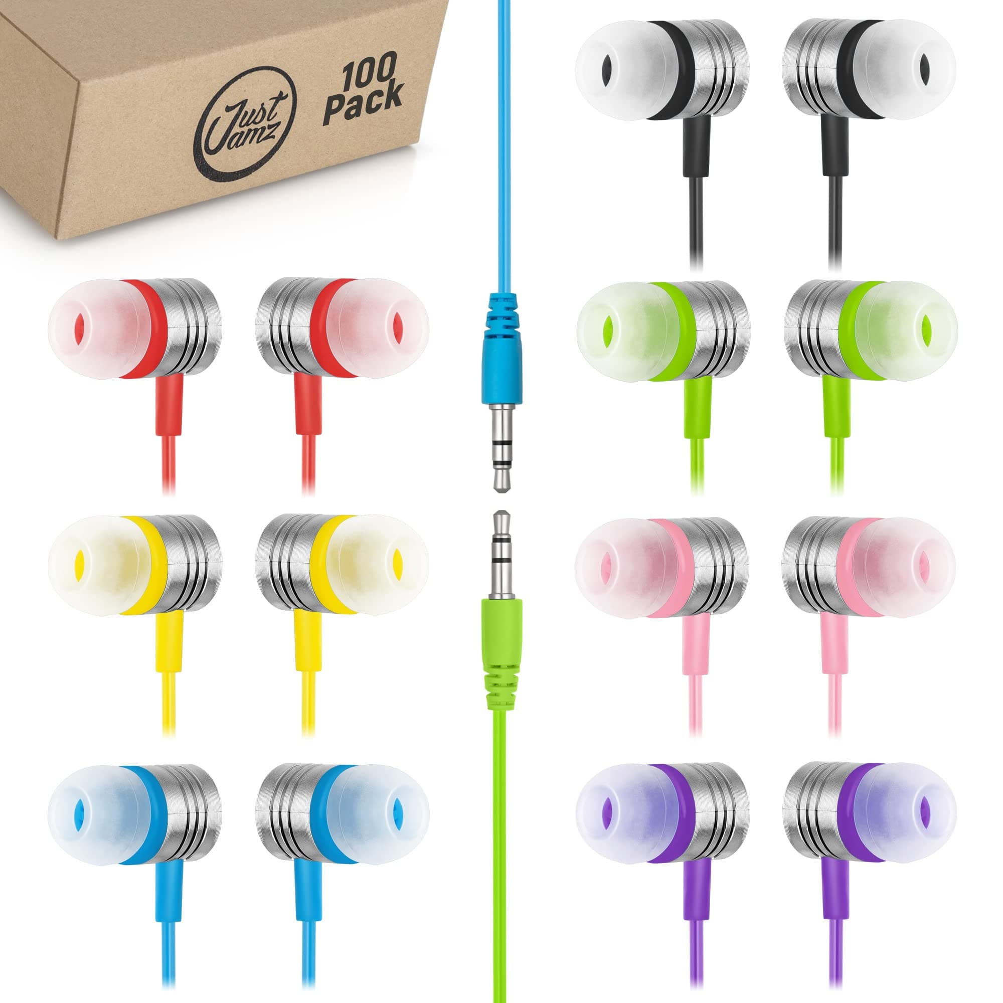 JustJamz 100 Pack Bulk Earbuds – Colorful Wired Ear Buds for Classroom, Students & Schools – Disposable Headphones with 3.5mm Jack – Comfortable Bulk Wired Earbuds for Kids and Learning Use