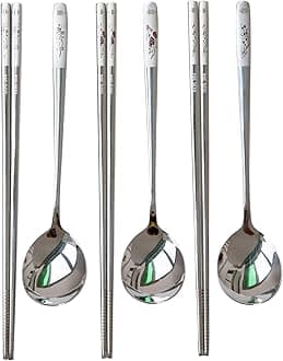 Reusable Chopstick and Spoon Set, Korean Long Handle Stainless Steel Spoon and Chopsticks Set, Dishwasher Safe Metal Chop sticks, Set of 3. (Multi-patterned)