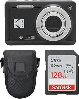 Kodak PIXPRO FZ55 Digital Camera (Black) + Point & Shoot Camera Case + Sandisk 128GB SDXC Memory Card