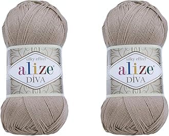 AlizeDiva Yarn Hand Knitting Yarn 100% Microfiber Acrylic Yarn Alize Diva Silk Effect Thread Crochet Art Lace Craft Lot of 2 skeins 200gr 767 yds (167-Beige)