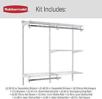 Rubbermaid Configurations Custom Closet Kit 6-10 Ft. Adjustable Metal Wire Shelving White Finish Expandable Organization System Hardware Included for Home Closet/Pantry/Laundry/Mudroom