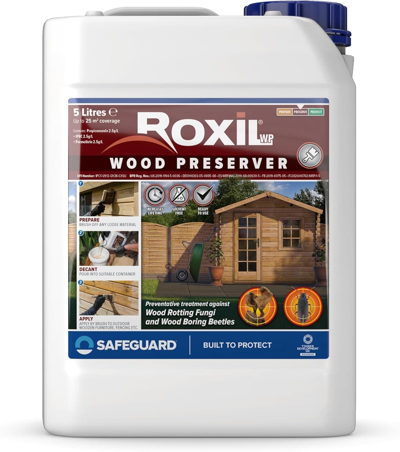 Wood Preserver Clear (5L) Odourless Pre-Treatment Wood Preservative Against Dry Rot, Wet Rot, Fungal Attack and Woodworm. Solvent Free, Ready to Use, for Outdoor Fence, Decking & Shed