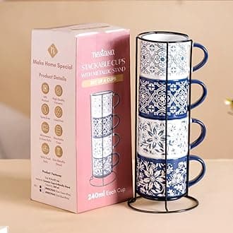Nestasia Stackable Ceramic Cups Set of 4 (240 ml Each) | Microwave & Dishwasher Safe Tea & Coffee Cups with Glossy Finish | Ideal for Gifting (Floral Blue)