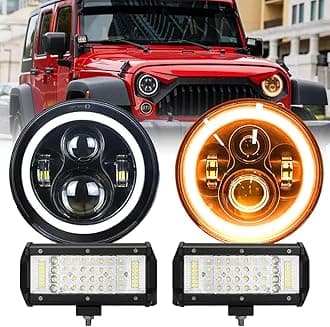 JHLion wrangler headlights（Black）+ Work lights 2000% Brighter LED lights Compatible with 2007-2017 Wrangler 7 Inch Halo headlights JK JKU LJ TJ CJ